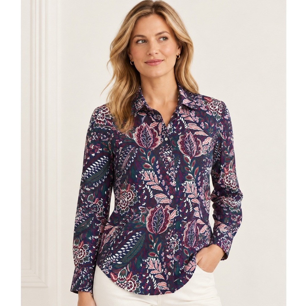 Talbots Button Down Modern Classic Shirt Womens XL Purple Paisley Floral Cotton